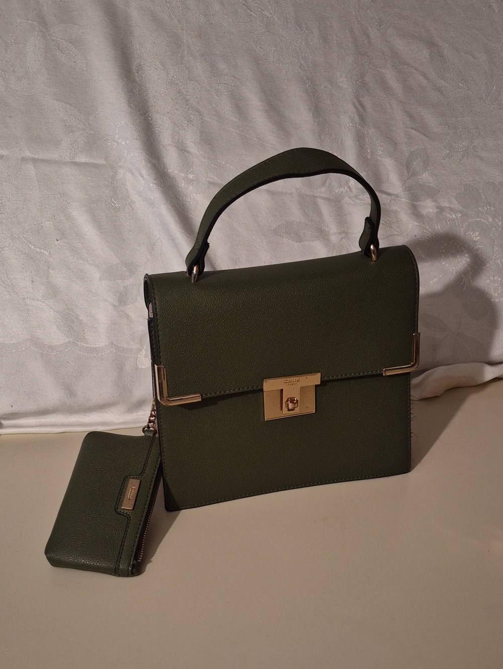 Dune London Olive Green Top-Handle Handbag with Pouch Wallet Gold Hardware